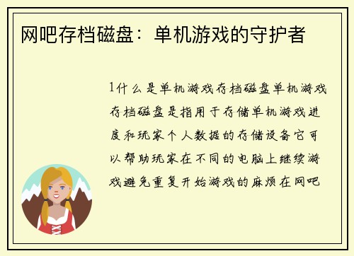 网吧存档磁盘：单机游戏的守护者